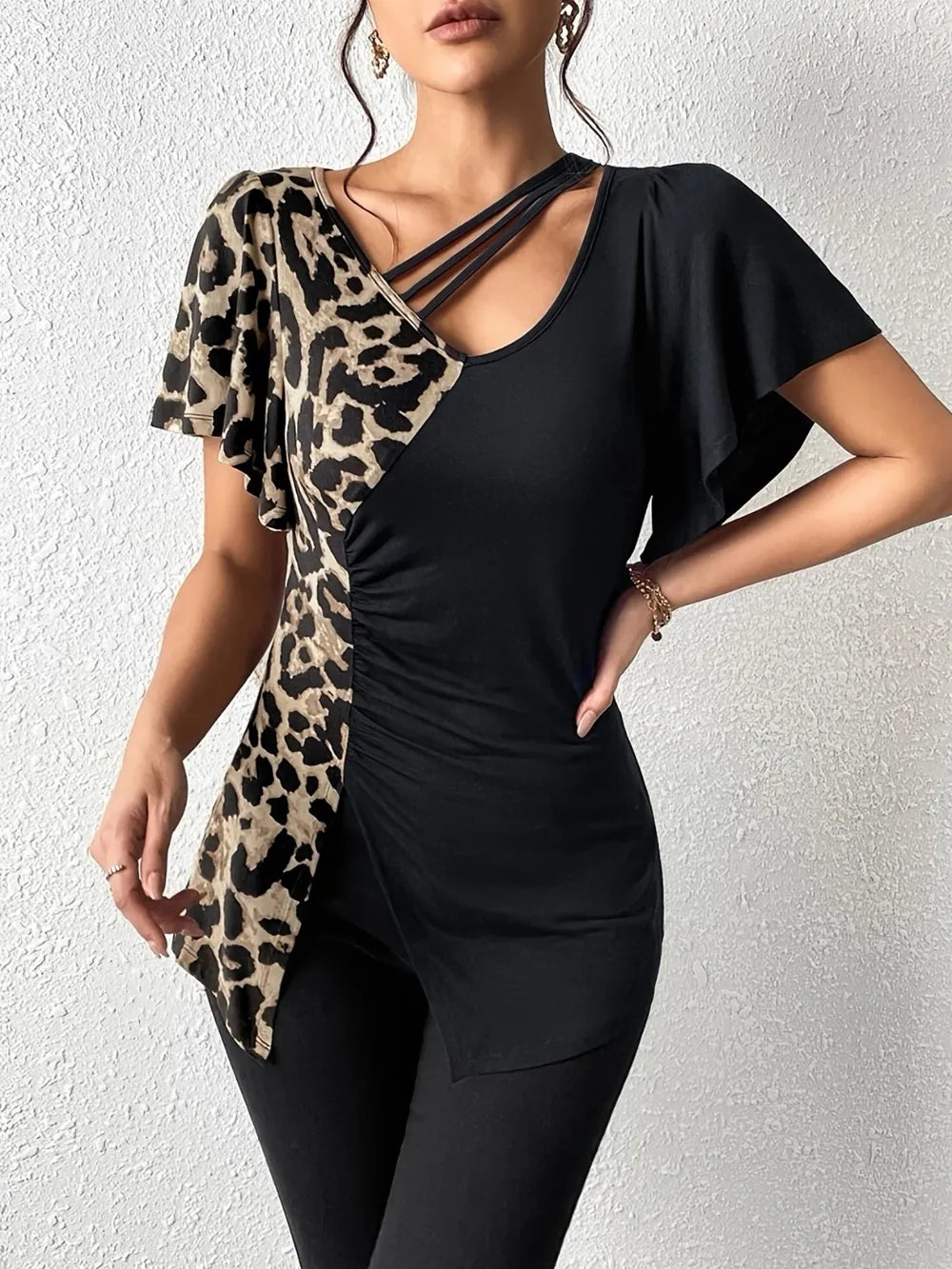 Women's Leopard Print Asymmetrical Top - Various Colours