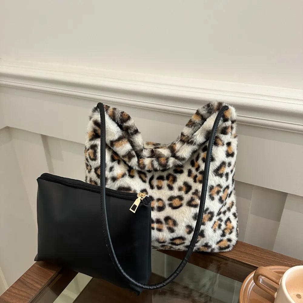 Leopard Print Furry Shoulder Bag