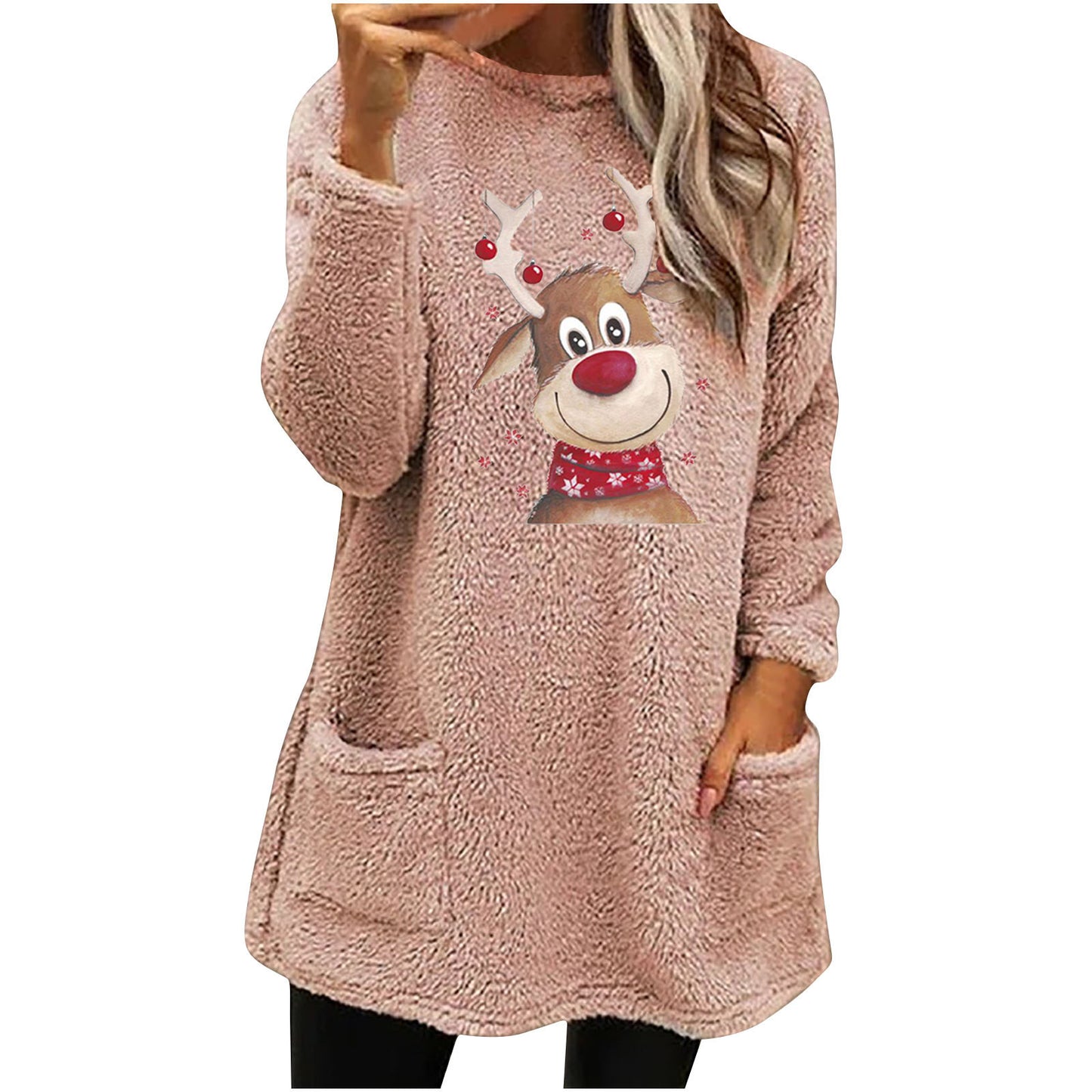 Christmas Fleece Jumper with Pockets - Reindeer - Various Colours