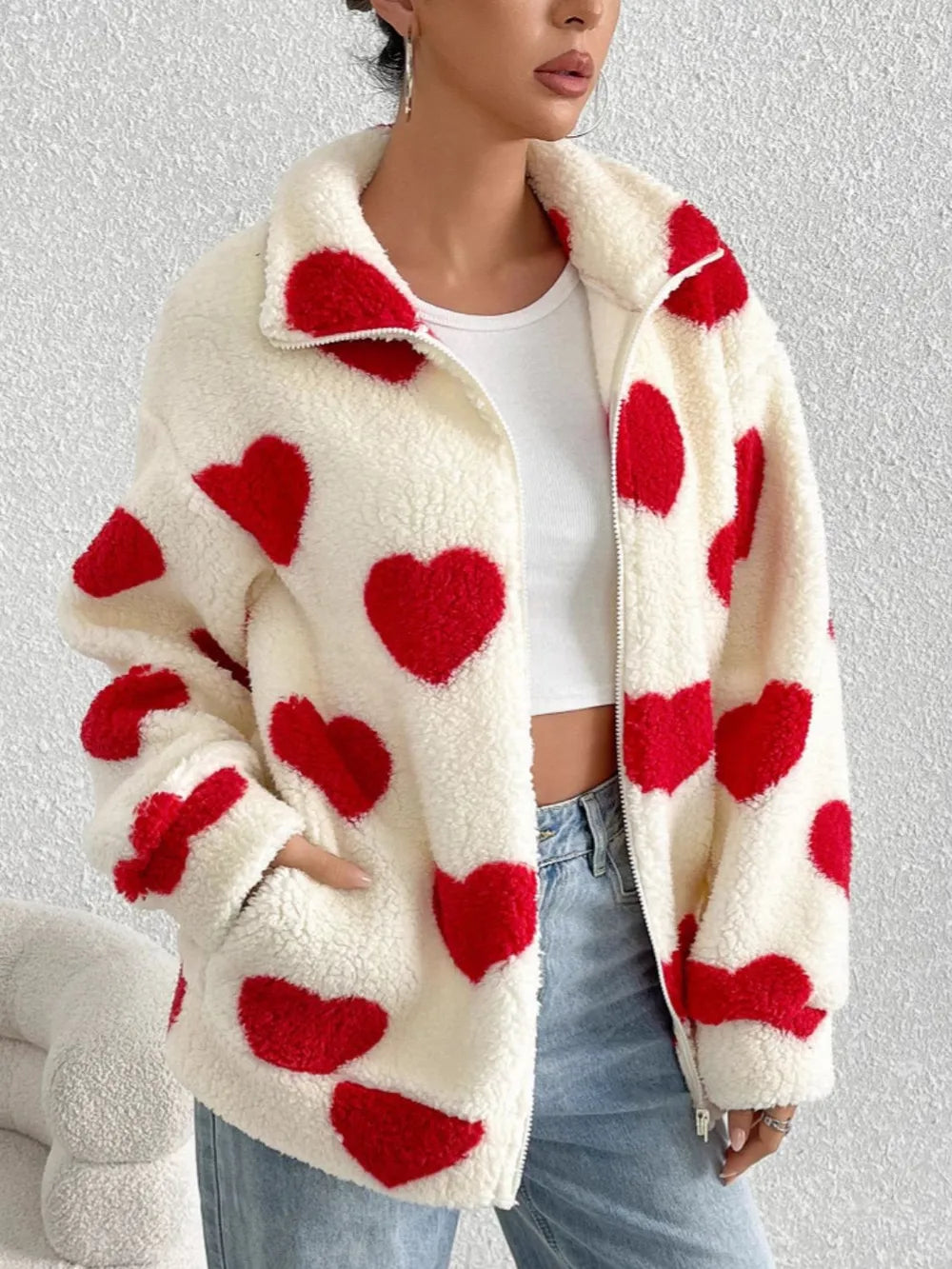 Valentines Inspired Fleece Jacket - Heart Print