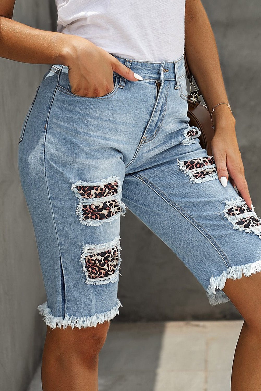 Mid-rise Ripped Leopard Patch Denim Bermuda Shorts