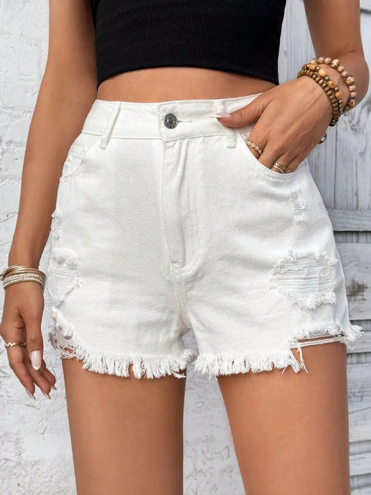 Women's Distressed Raw Hem High Rise Denim Shorts