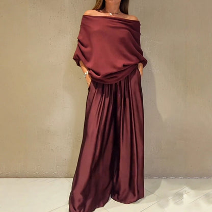 Elegant Two Piece Satin Top & Wide Leg Trouser Set - Various Colours