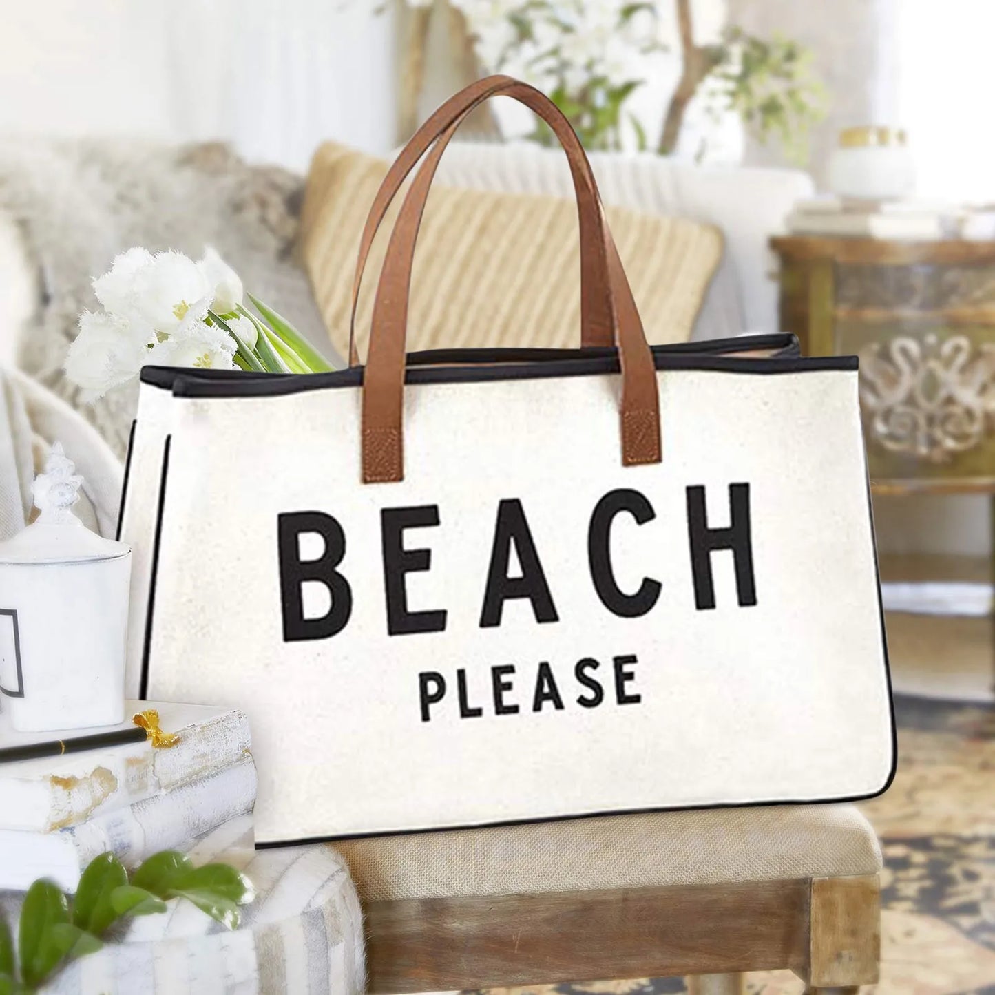 Large Slogan Beach Bag Cotton-Canvas With Genuine Leather Handles