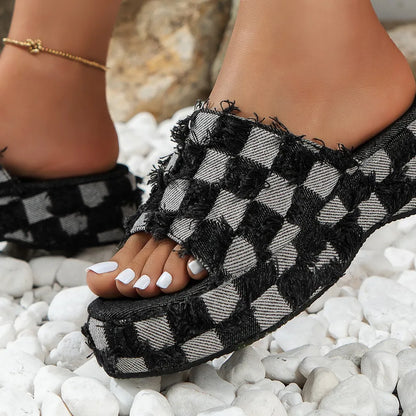 Women's Raw Hem Plaid Sandals