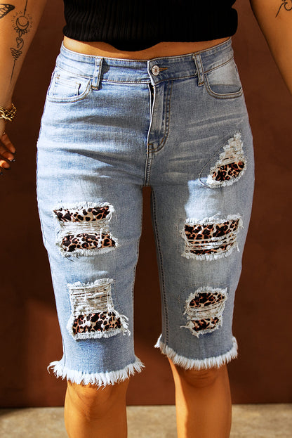 Mid-rise Ripped Leopard Patch Denim Bermuda Shorts