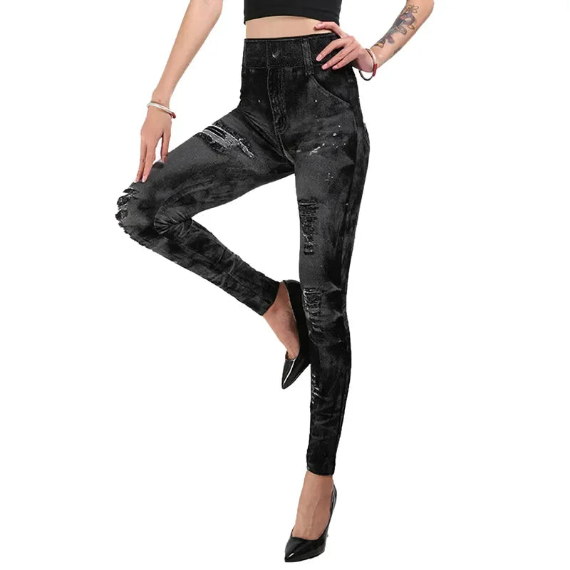 Ladie's Imitation Jean Leggings Stretch High Waist - various colours - sizes S - XXL