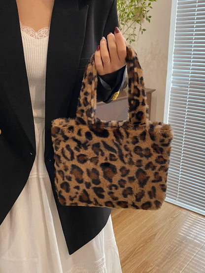 Leopard Print Fluffy Handbag with Zip