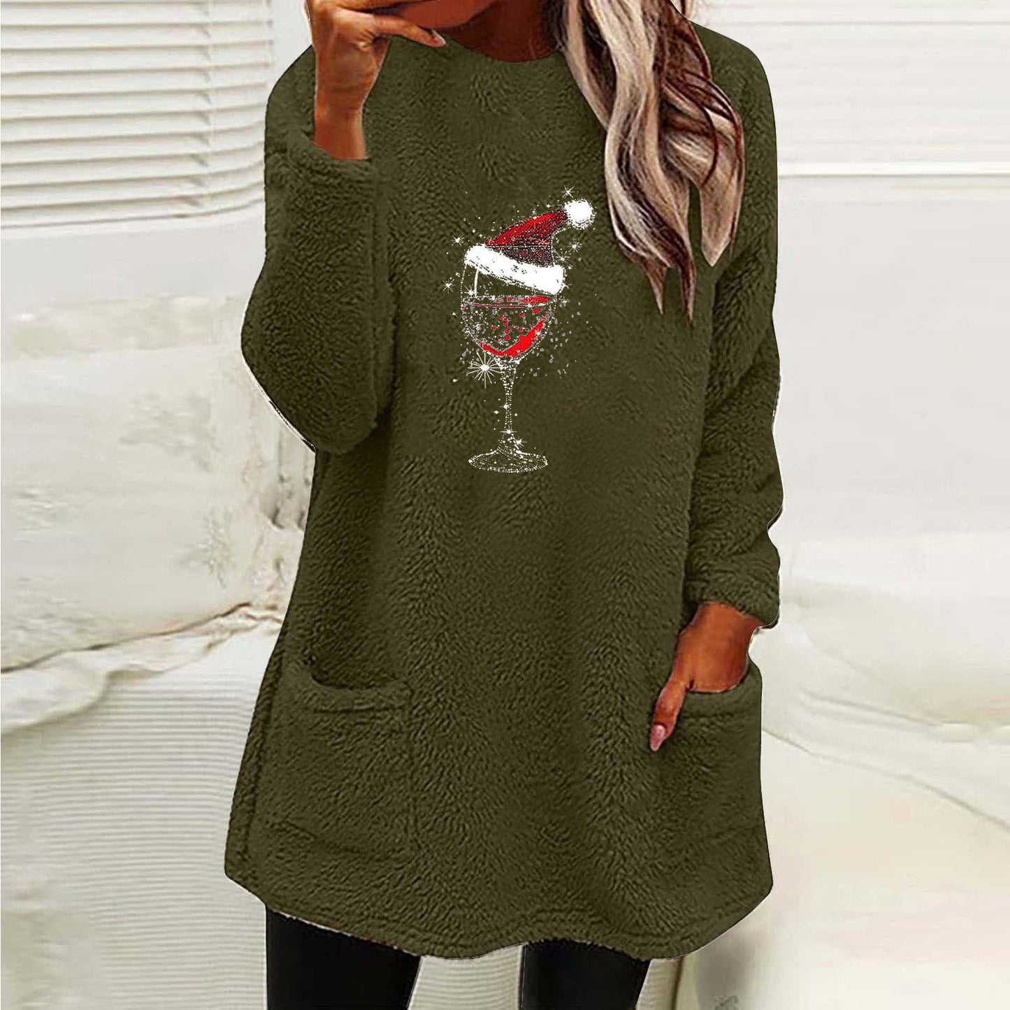 Christmas Fleece Jumper with Pockets - Wine Glass