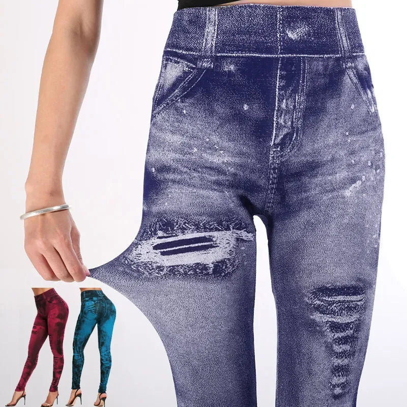 Ladie's Imitation Jean Leggings Stretch High Waist - various colours - sizes S - XXL