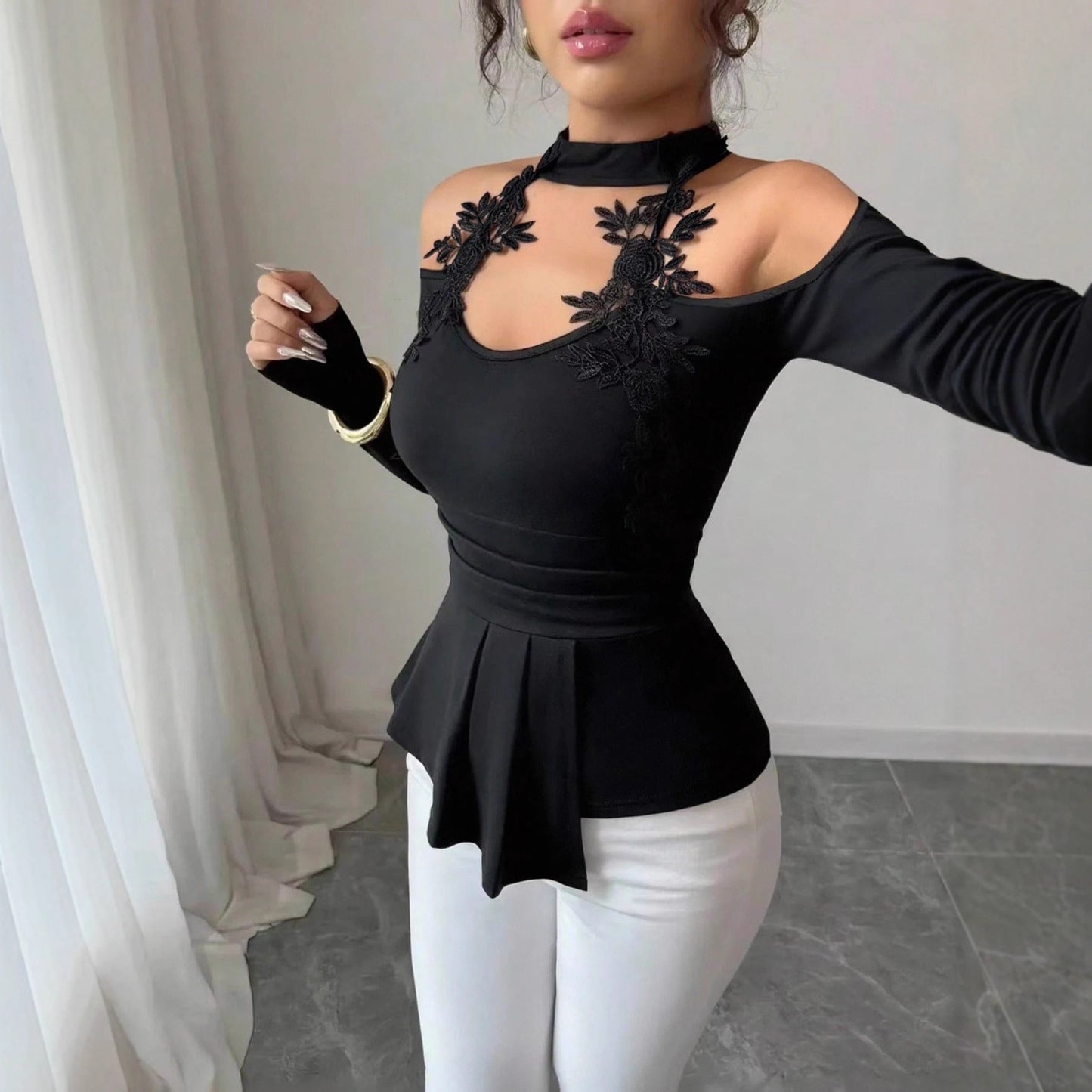 Women's Long Sleeve Top with Choker Neck Detail