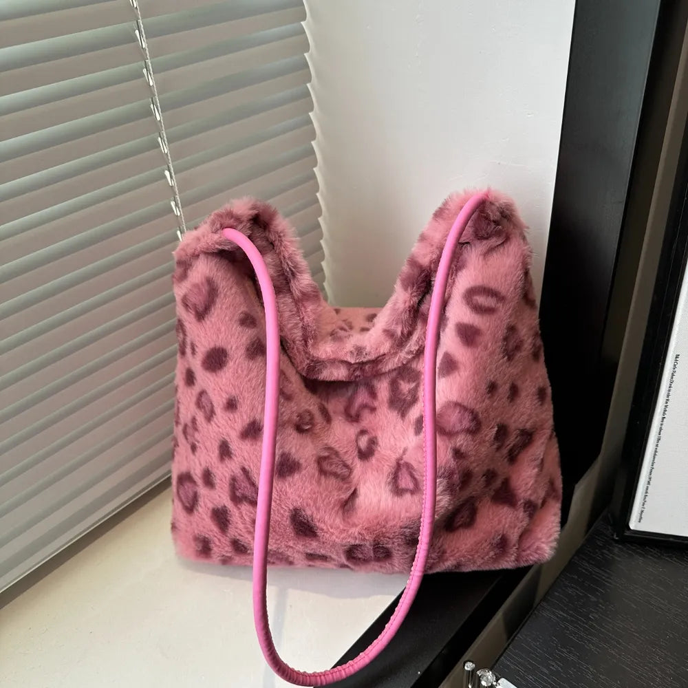 Leopard Print Furry Shoulder Bag