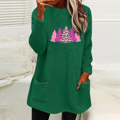 Christmas Fleece Jumper with Pockets - Christmas Trees Pink - Various Colours