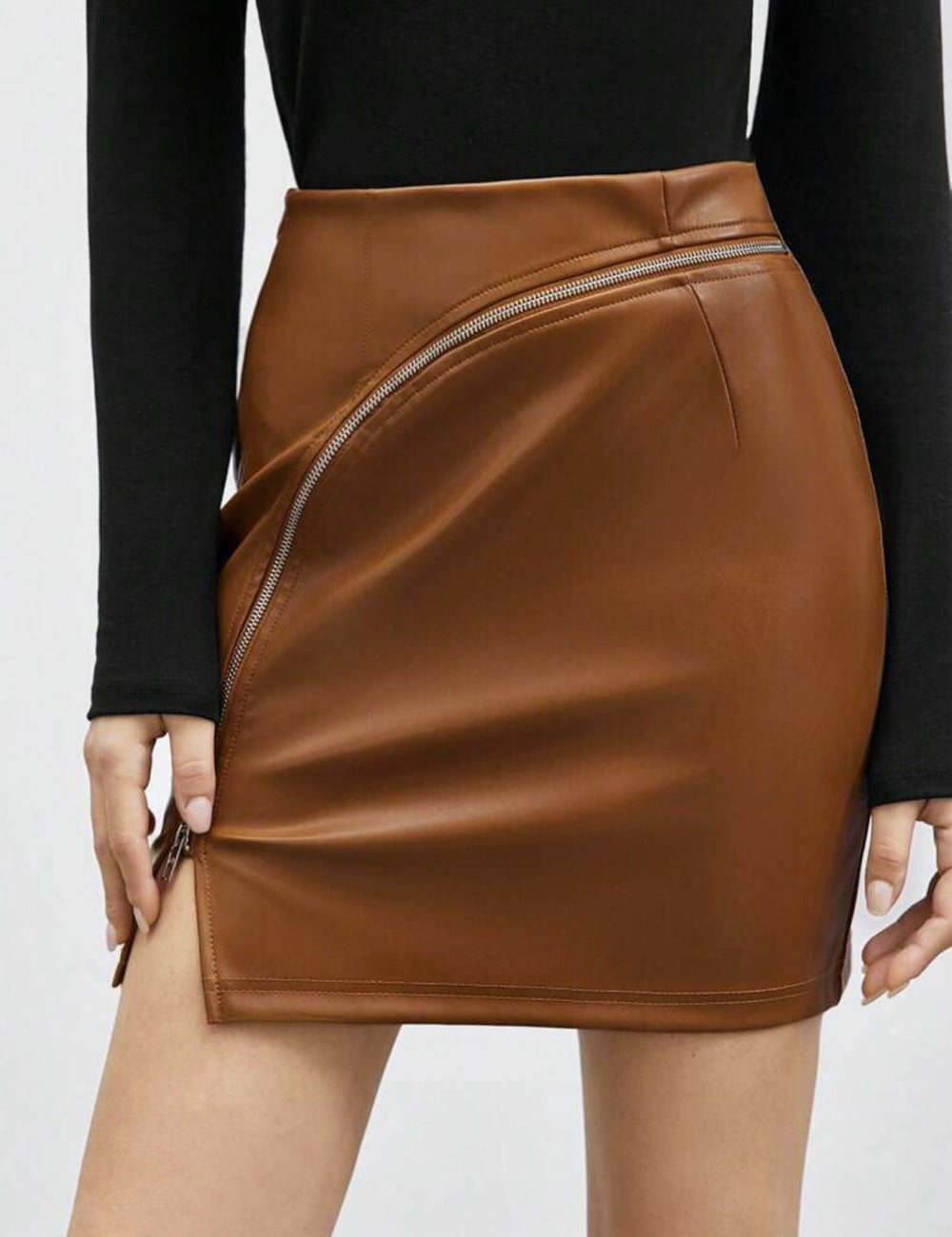 Faux Leather PU Zipper Slit Skirt - Various Colours