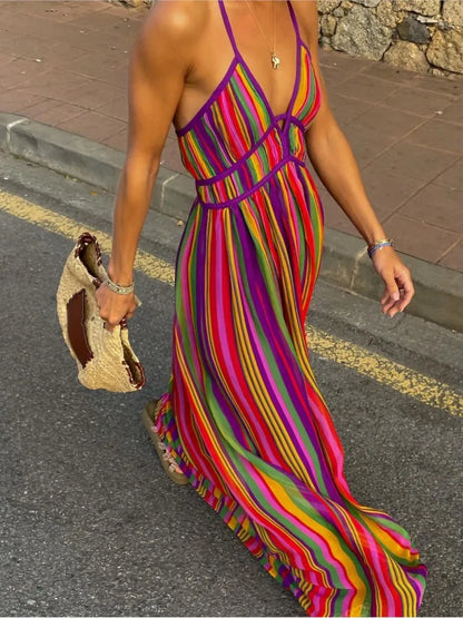 Women's Striped Backless Summer Maxi Dress