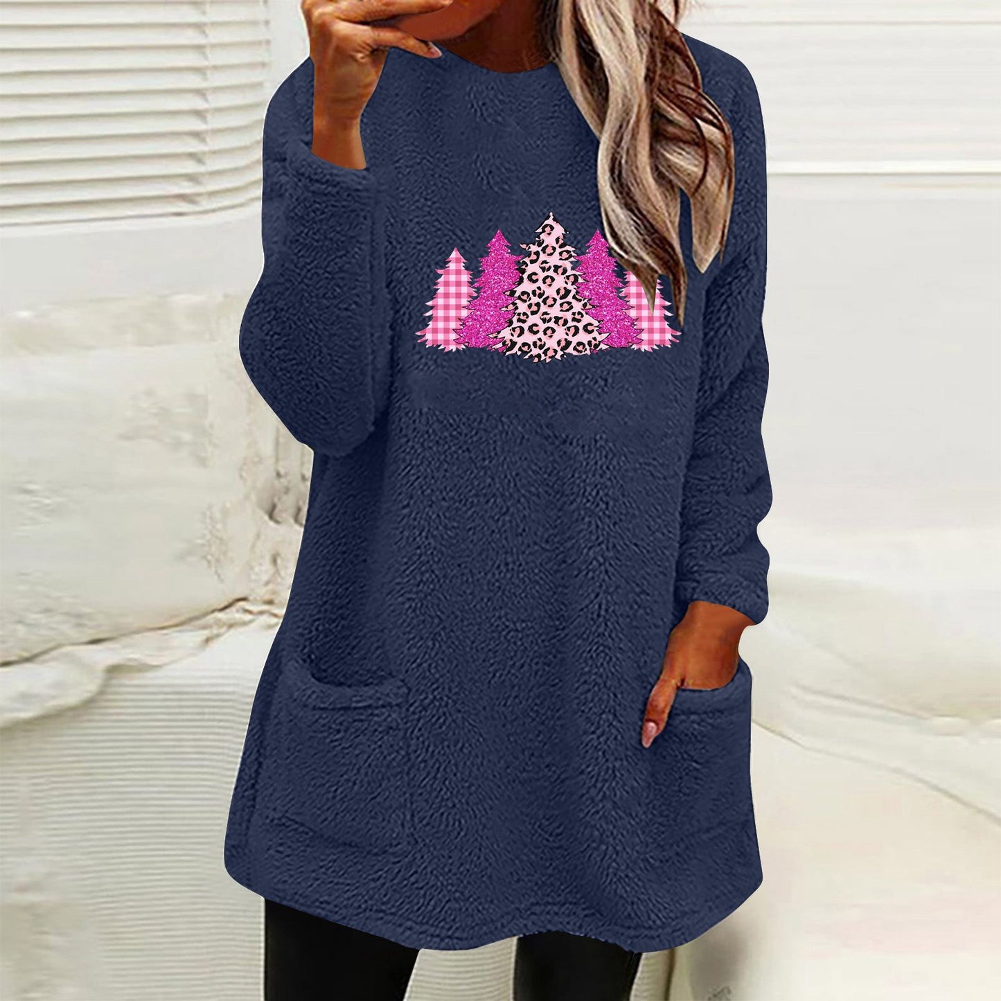 Christmas Fleece Jumper with Pockets - Christmas Trees Pink - Various Colours