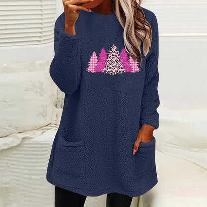 Christmas Fleece Jumper with Pockets - Christmas Trees Pink - Various Colours