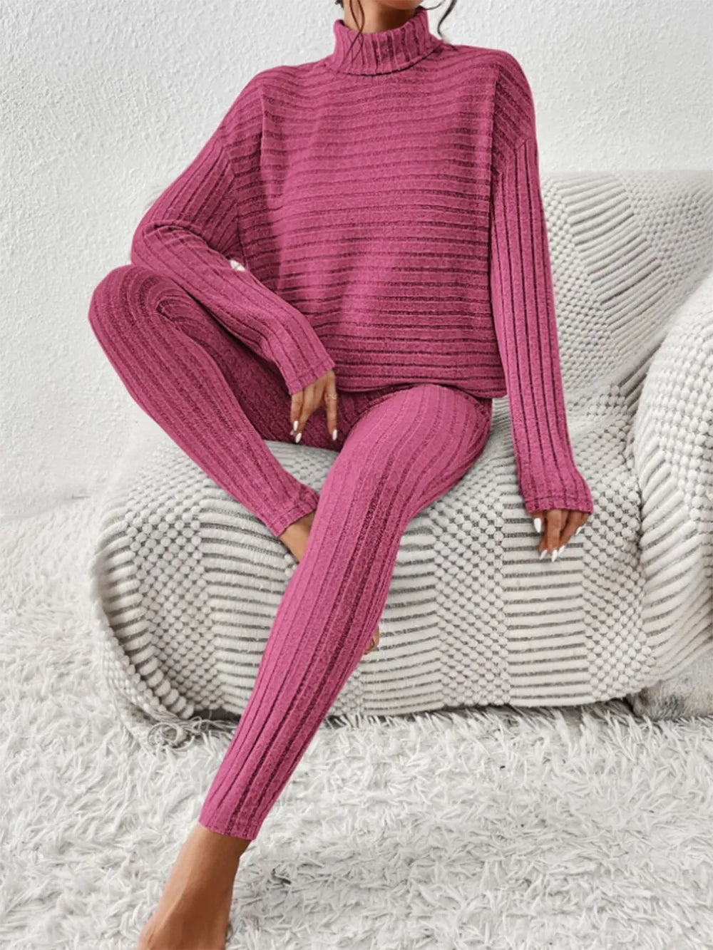 Women's Ribbed Turtleneck Loungewear Set - Various Colours