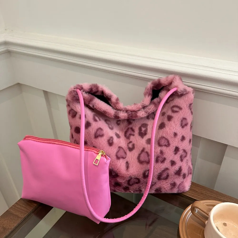 Leopard Print Furry Shoulder Bag