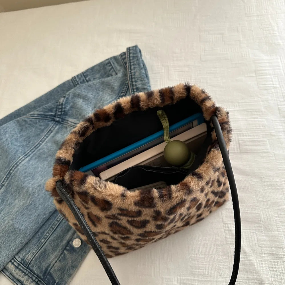 Leopard Print Furry Shoulder Bag