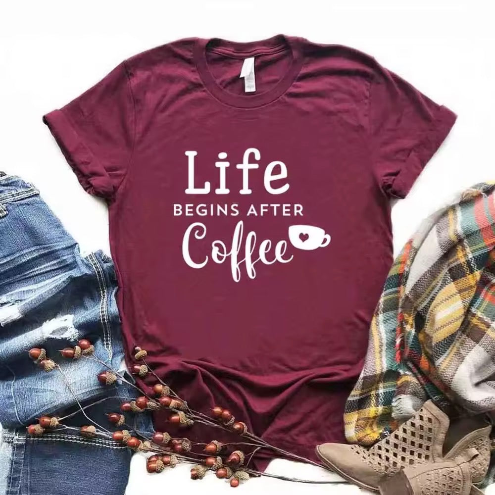 Ladies Slogan T-Shirt - Life Begins After Coffee - various colours - size S - 3XL