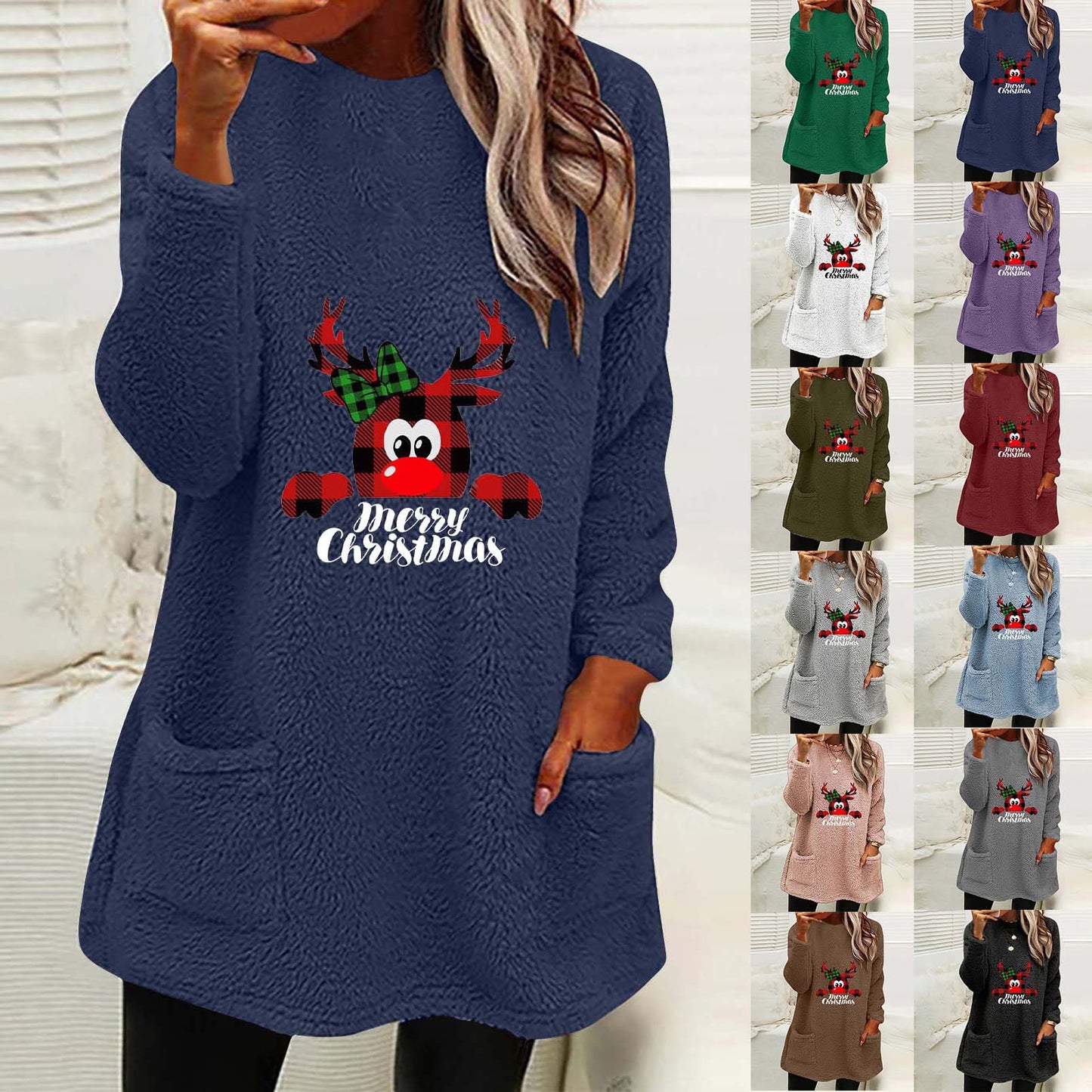 Christmas Fleece Jumper with Pockets - Christmas Deer - Various Colours