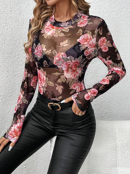 Women's Mesh Floral Mock Neck Long Sleeve Top