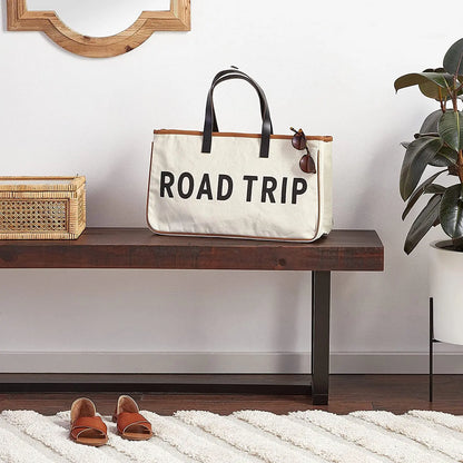 Large Slogan Beach Bag Cotton-Canvas With Genuine Leather Handles