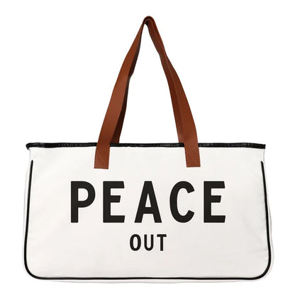 Large Slogan Beach Bag Cotton-Canvas With Genuine Leather Handles