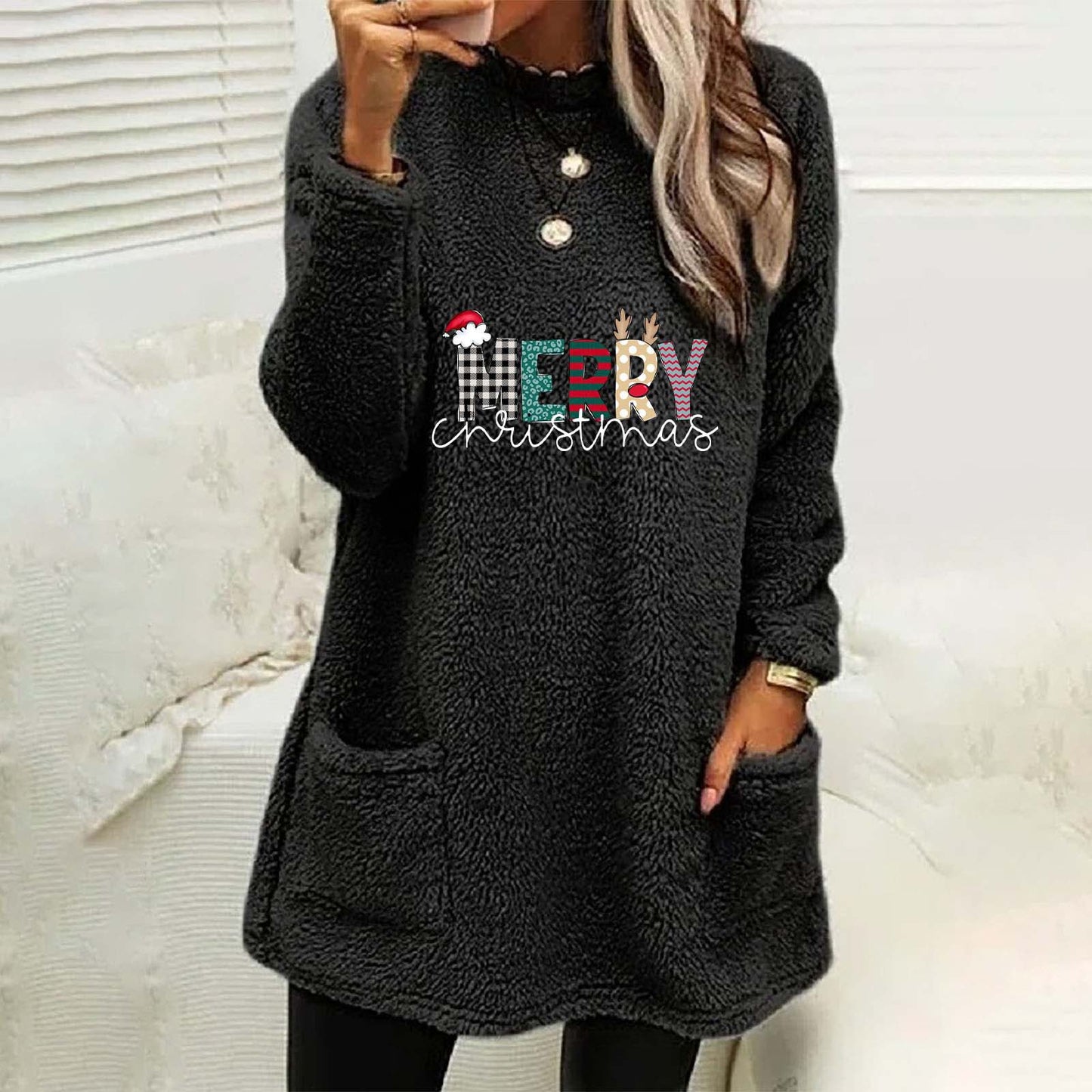 Christmas Fleece Jumper with Pockets - Merry Christmas - Various Colours