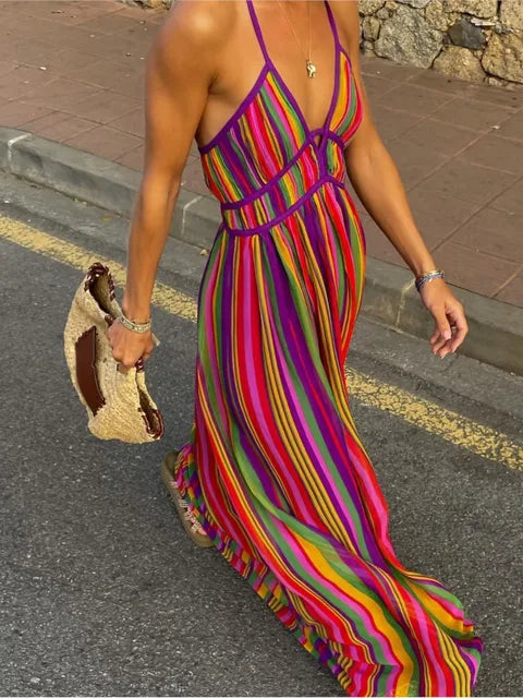 Women's Striped Backless Summer Maxi Dress