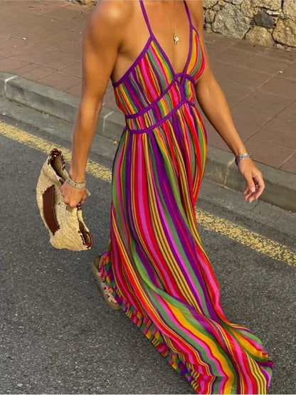 Women's Striped Backless Summer Maxi Dress