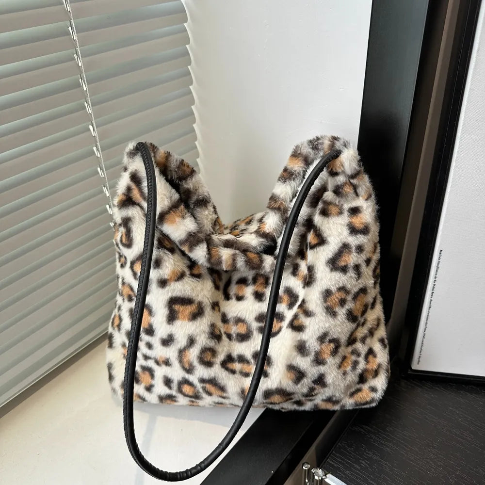 Leopard Print Furry Shoulder Bag