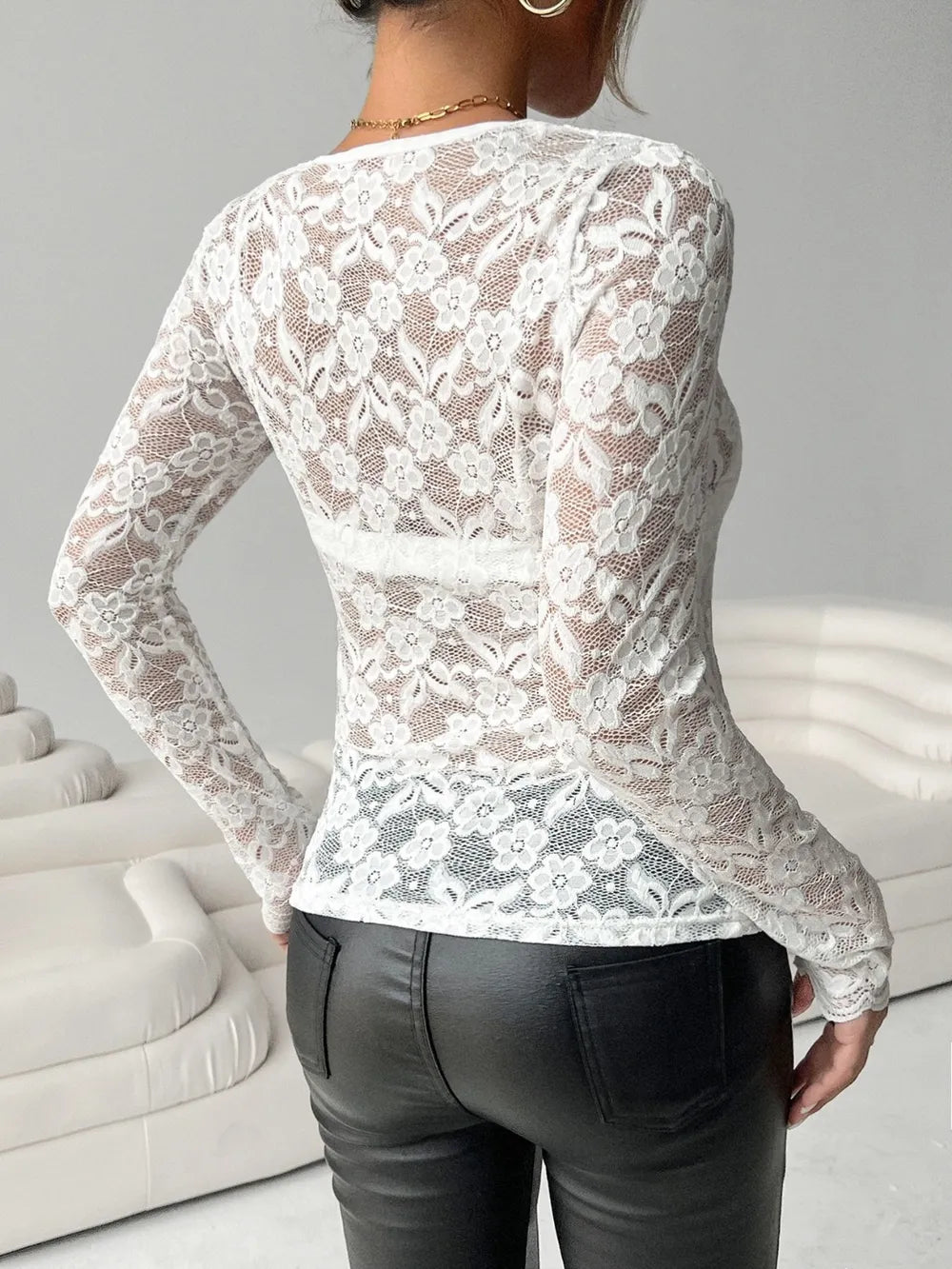 Women's Lace V-Neck Long Sleeve Top - Various Colours