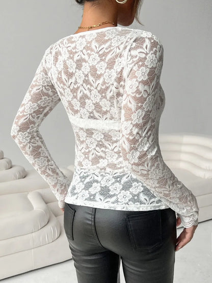 Women's Lace V-Neck Long Sleeve Top - Various Colours