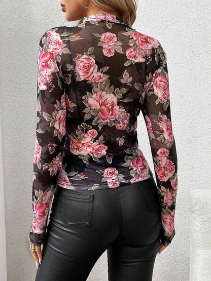 Women's Mesh Floral Mock Neck Long Sleeve Top