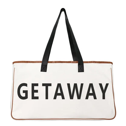 Large Slogan Beach Bag Cotton-Canvas With Genuine Leather Handles