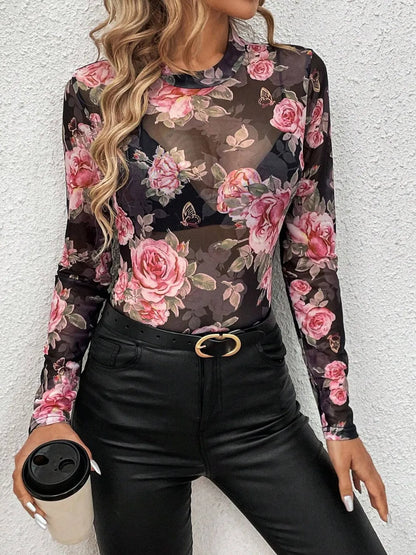 Women's Mesh Floral Mock Neck Long Sleeve Top