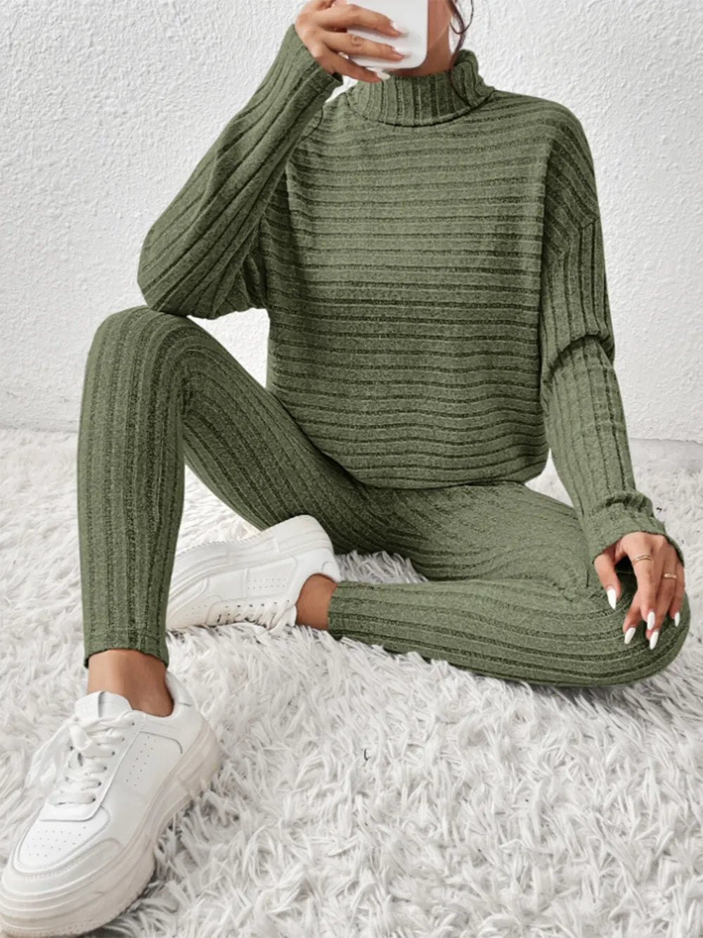Women's Ribbed Turtleneck Loungewear Set - Various Colours