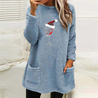 Christmas Fleece Jumper with Pockets - Wine Glass
