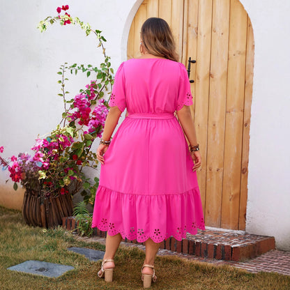 Plus Size Ladies Summer Dress - Hollow Out Detail