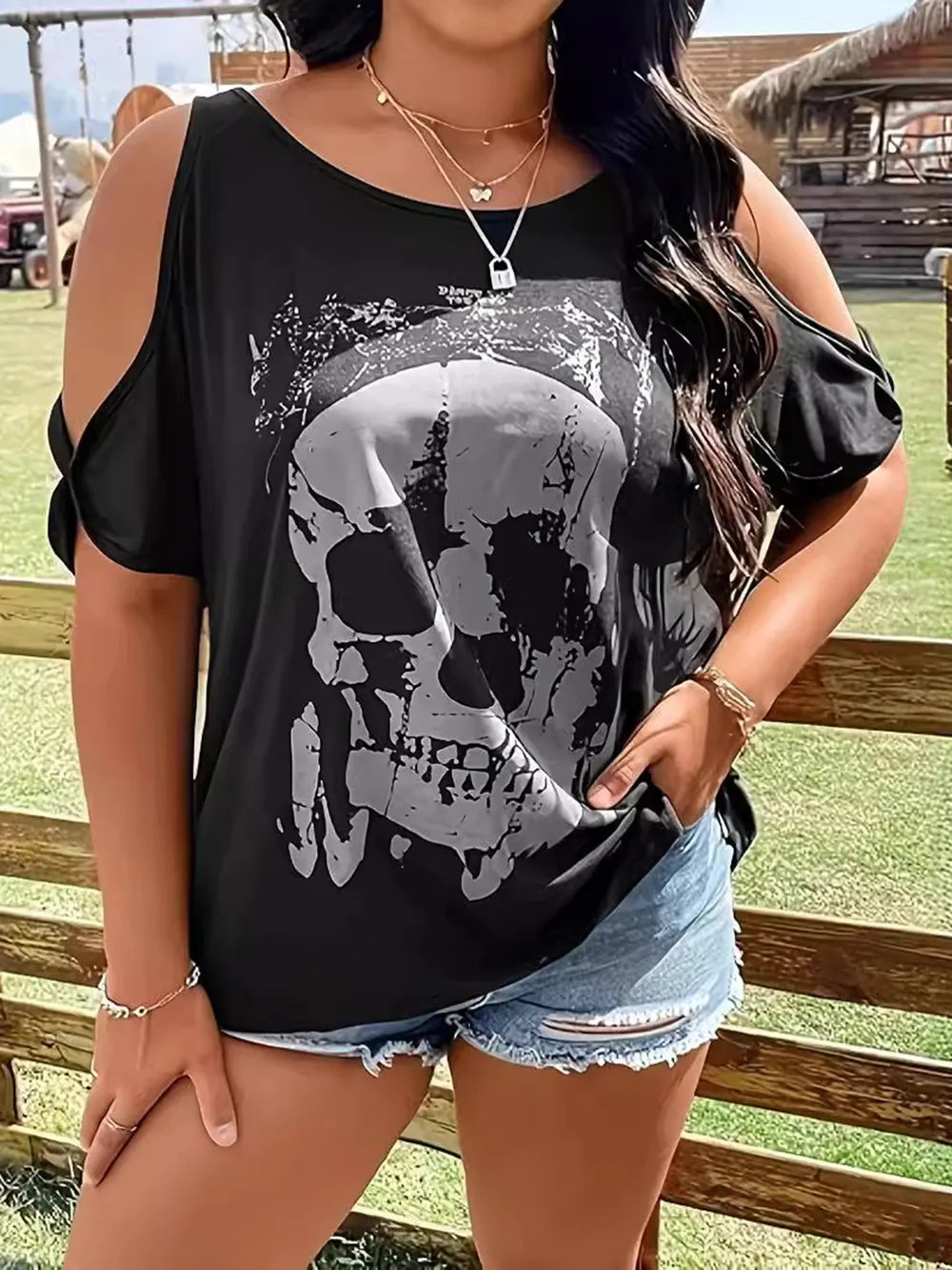 Halloween Skeleton Cold Shoulder T-Shirt