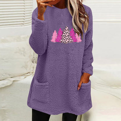 Christmas Fleece Jumper with Pockets - Christmas Trees Pink - Various Colours