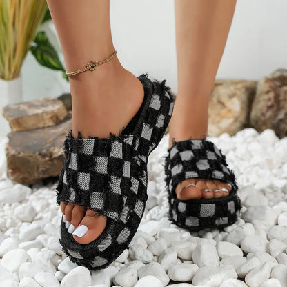 Women's Raw Hem Plaid Sandals