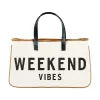 Large Slogan Beach Bag Cotton-Canvas With Genuine Leather Handles