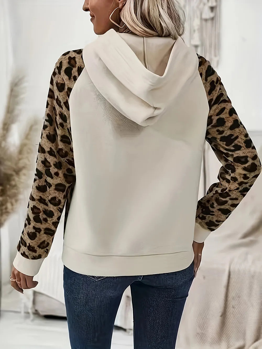 Leopard Print Button Long Sleeve Hoodie Jumper