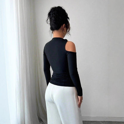 Women's Asymmetrical Shoulder Detail Long Sleeve Top