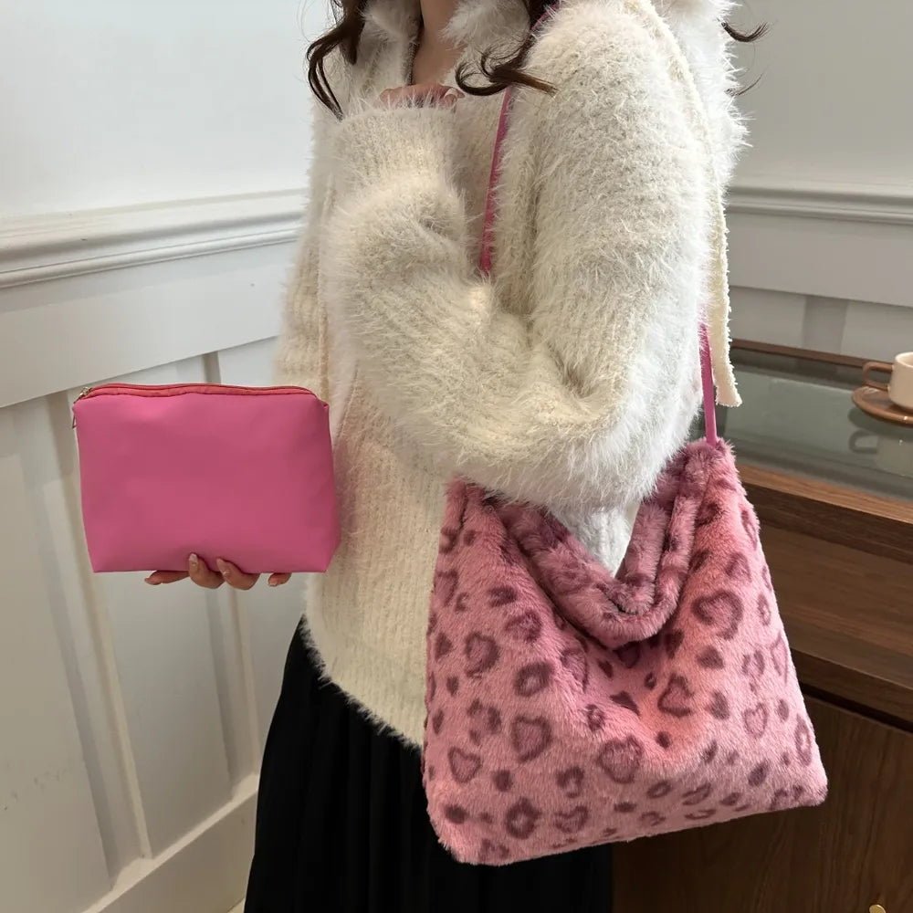 Leopard Print Furry Shoulder Bag