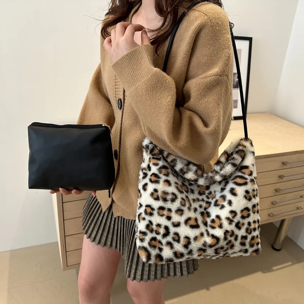 Leopard Print Furry Shoulder Bag