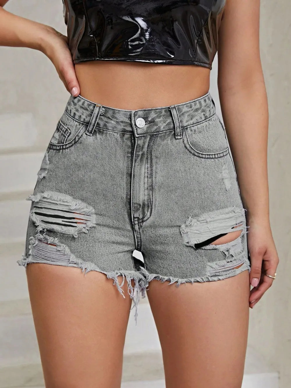 Women's Distressed Raw Hem High Rise Denim Shorts